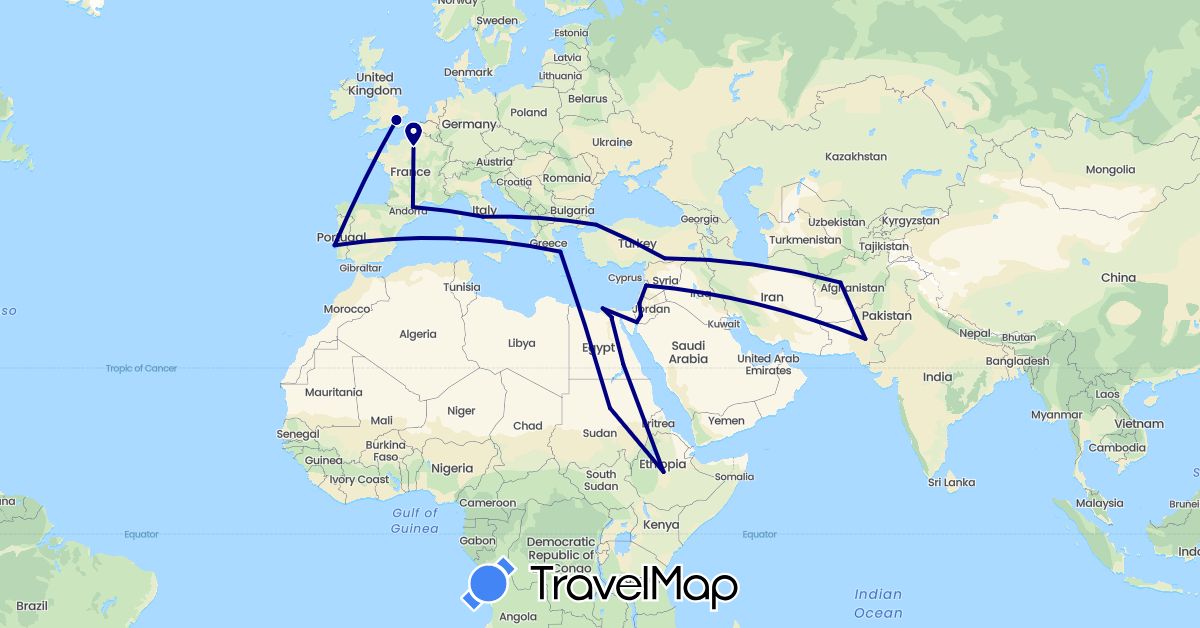 TravelMap itinerary: driving in Afghanistan, Egypt, Ethiopia, France, United Kingdom, Greece, Israel, Italy, Jordan, Lebanon, Pakistan, Portugal, Sudan, Turkey (Africa, Asia, Europe)
